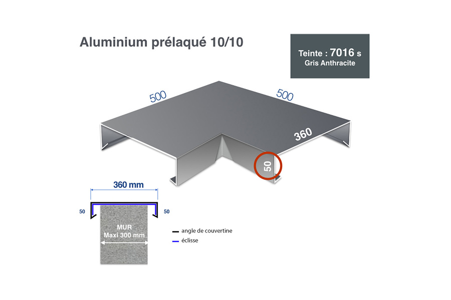 Angle sortant/rentrant pour couvertine 36 cm ECO RAL 7016